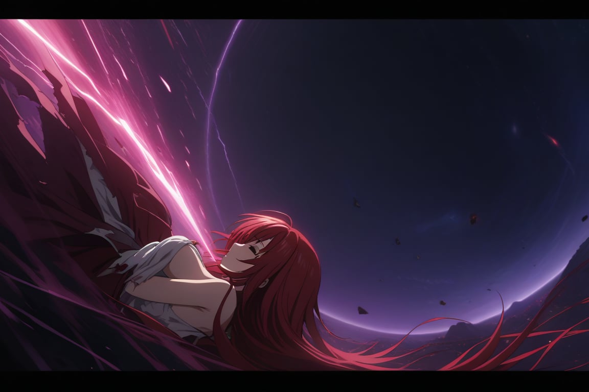 masterpiece, (intricate details, more details), cinematic lighting, extremely detailed 8k CG wallpaper, cinema, redhead woman sleeping, white strapless t-shirt red short skirt torn, straight long red hair, falling, destroyed clothes with blood, woman redhead injured with blood wounds, torn destroyed clothes, space, magic, purple, dark purple background, thunder, lightning.,RIAS GREMORY