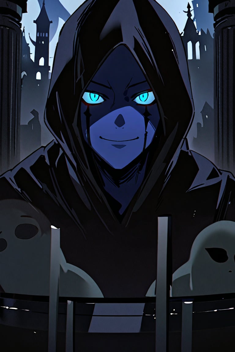 ghost man, hooded, mysterious, dark hood, dark blue skin, gloomy, shadows, mysterious smile, only mouth, serious appearance, arrogant smile, blue eyes background: blue and white castle, pillars, small table