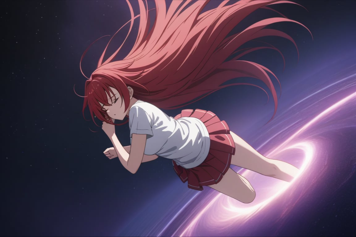 masterpiece, (intricate details, more details), cinematic lighting, extremely detailed 8k CG wallpaper, redhead woman white t-shirt red short skirt asleep falling into space, redhead woman white t-shirt red short skirt asleep, space, magic, purple, dark purple background, thunder,RIAS GREMORY