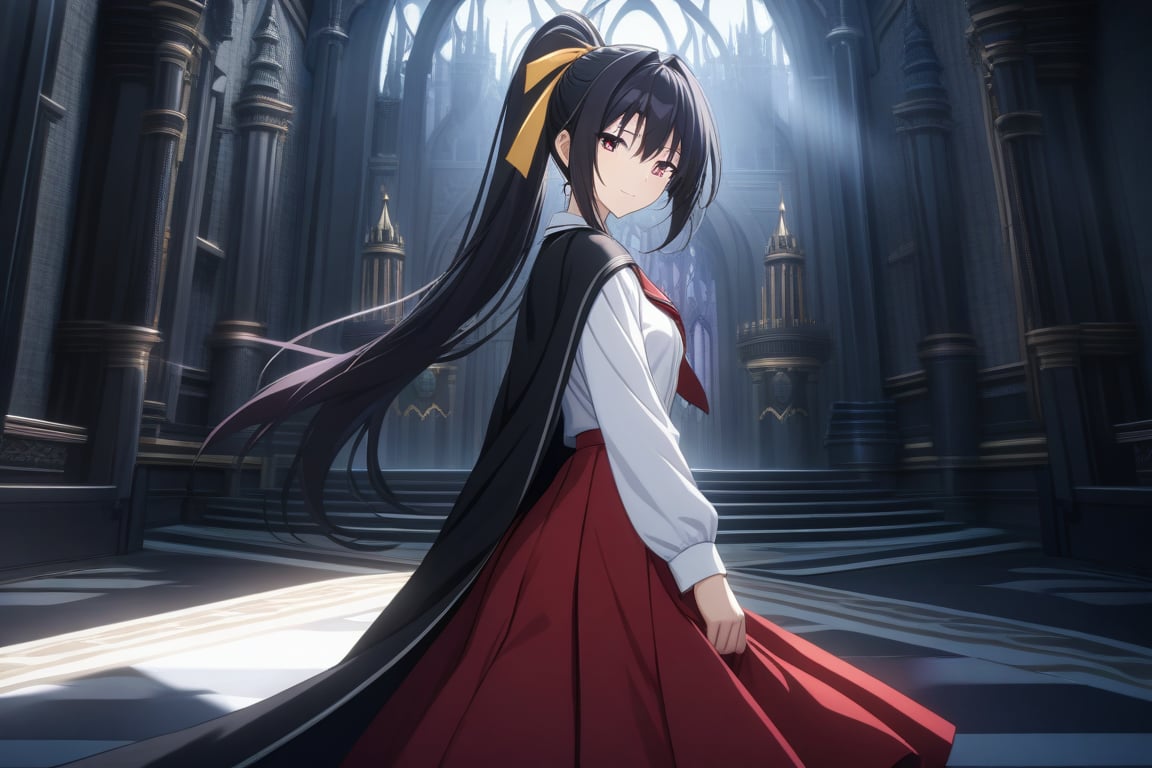 masterpiece, absurd, (intricate details), cinematic lighting, extremely detailed 8k CG wallpaper, akenohimejima, black hair, very long hair, ponytail, school uniform, red skirt, ponytail, white shirt, black cape, yellow ribbon, slight smile, akeno himejima, interior, dark castle, shadows, looking at viewer, alone