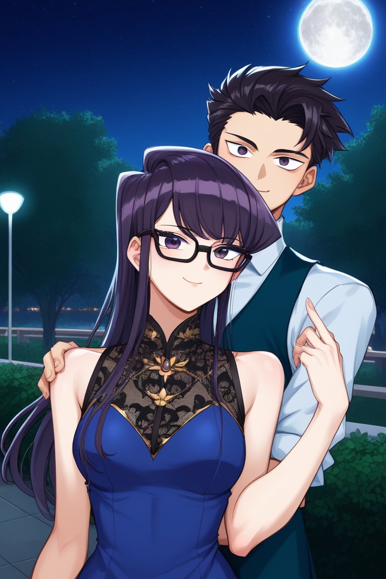 Man and woman hug. Light skinned man with black framed glasses, scar on left eye running across top and bottom, intense eyes, serious and sharp look, dark iris, long spiky jet black hair with a long spiky lock pointing down, jet black hair, DARK GREY t-shirt, BLACK VEST, half sideways smile. Woman smiles happily, purple eyes, sweet and cheerful expression, long straight hair, lock reaching to forehead, very dark purple hair, sleeveless dress, navy blue dress, dress with gold details, gold lace dress, dress with cut out on chest exposed. background: clear night, park, lights, bushes, full moon, shouko komi, sayan, future, green clothes, blue clothes, sayamanglases, source_anime, score_7_up, score_8_up, score_9