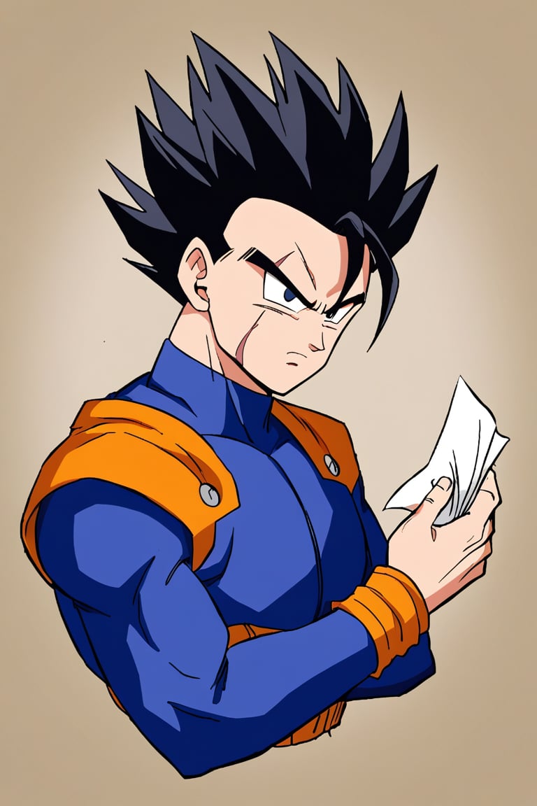 armless man, mark on left eye, left scar, serious and penetrating gaze, serious expression, dark iris, black iris, black hair, short hair, spiky hair, strands of hair standing up in irregular spikes, sitting, orange and blue combat suit, dogi, paper in hand.,gohan,dougi