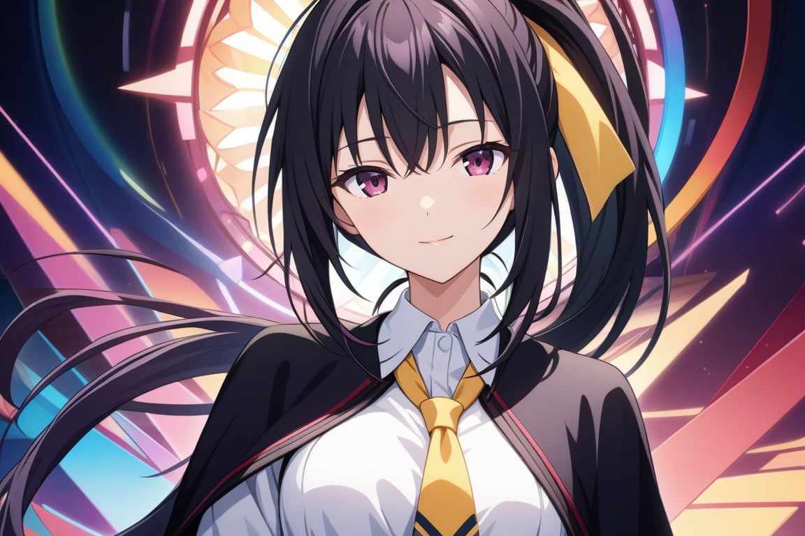 masterpiece, absurdres , (intricate details), (colorful),cinematic lighting,bust shot,extremely detailed CG unity 8k wallpaper, looking at viewer,  akenohimejima, black hair, very long hair, ponytail, school uniform, red skirt, ponytail, white shirt, black capelet, yellow ribbon, light smile,akeno himejima