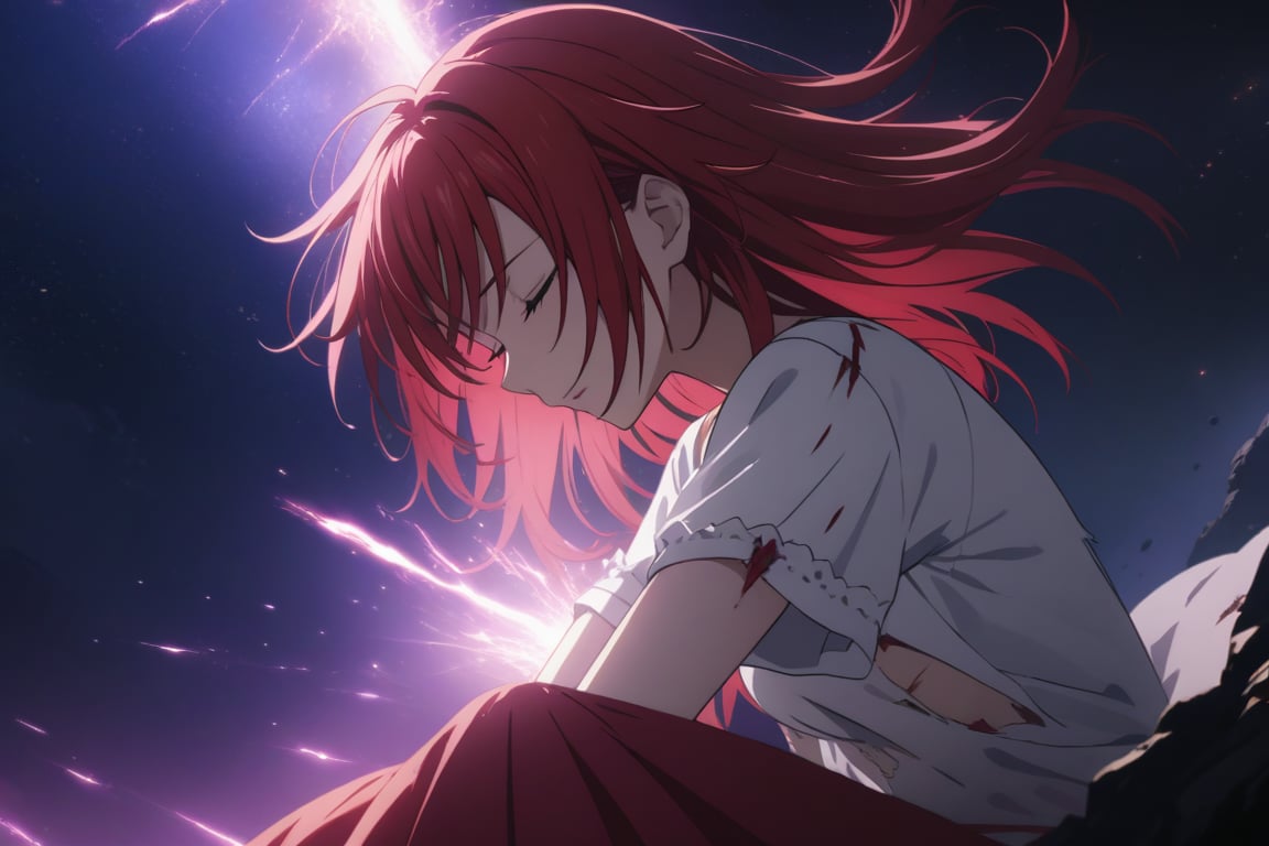 masterpiece, (intricate details, more details), cinematic lighting, extremely detailed 8k CG wallpaper, redhead woman white t-shirt red short skirt sleeping falling into space, injured redhead woman white t-shirt with blood red short skirt sleeping, torn destroyed clothes, sleeping woman with wounds blood, space, magic, purple, dark purple background, thunder,RIAS GREMORY