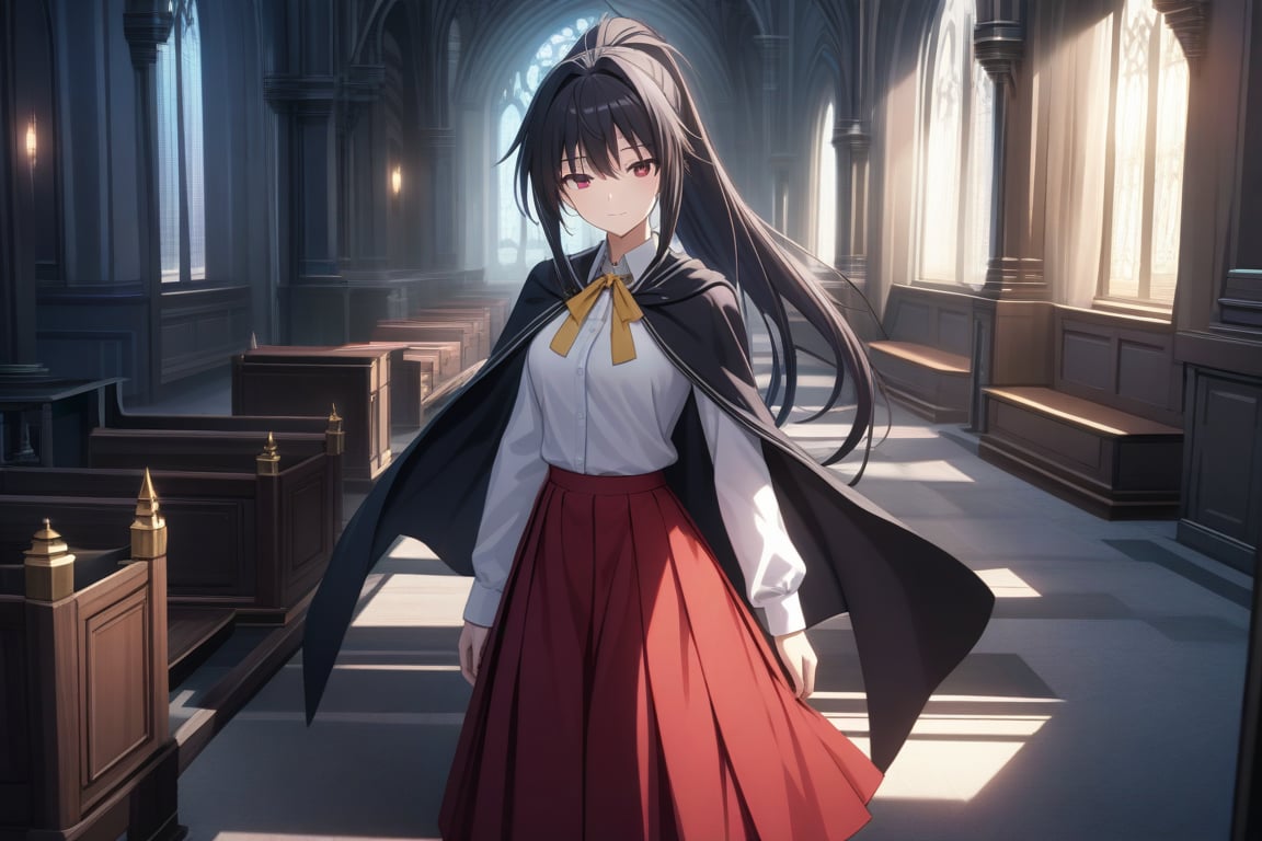 masterpiece, absurd, (intricate details), cinematic lighting, extremely detailed 8k CG wallpaper, akenohimejima, black hair, very long hair, ponytail, school uniform, red skirt, ponytail, white shirt, black cape, yellow ribbon, slight smile, akeno himejima, interior, dark castle, shadows, looking at viewer, alone