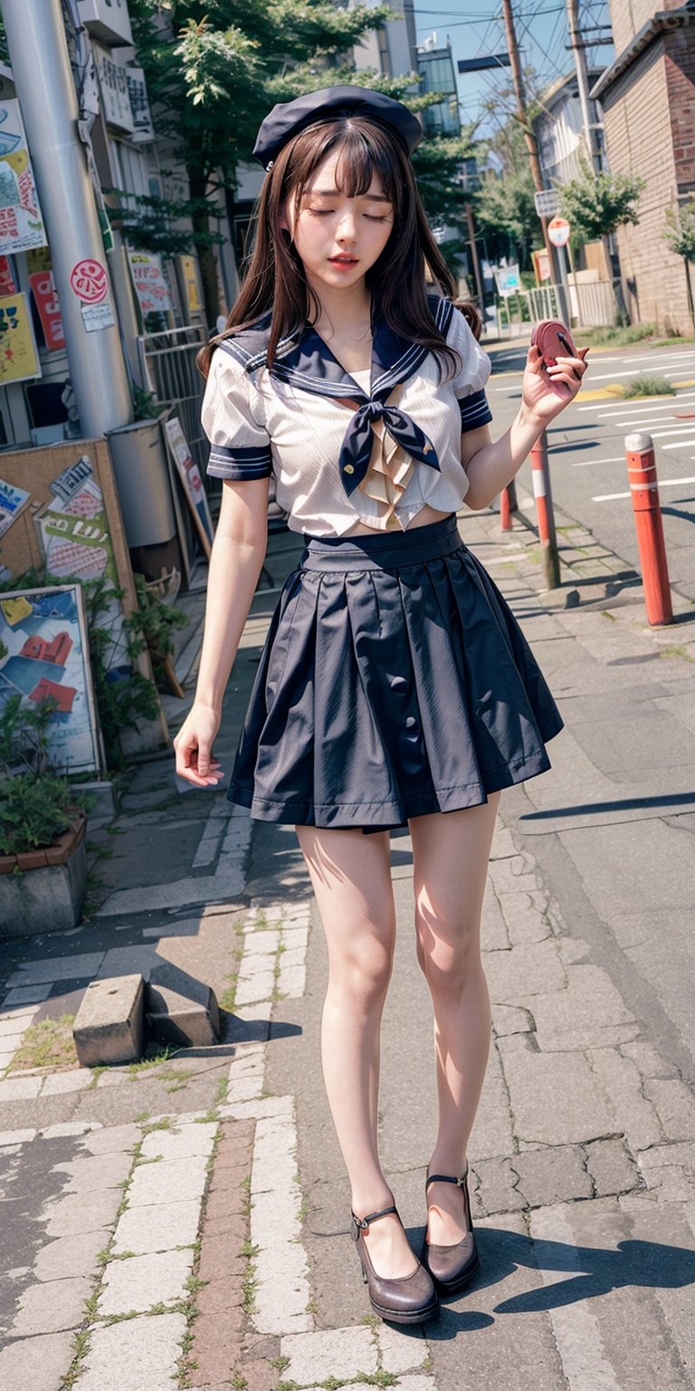 1girl, realistic, solo, (masterpiece:1.2), best quality,  o-face, remote_play, remote_vibrator, closed eyes, twist, full body, ((sailor shirt, sailor skirt)), hat, black student shoes,remote_vibrating