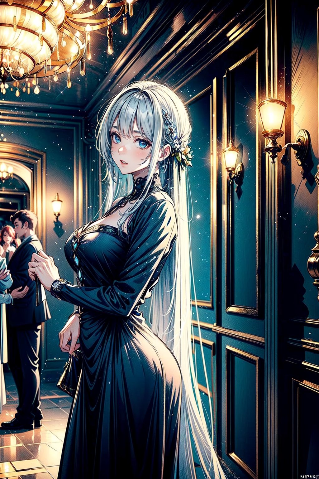 woman at a gala party, in the middle of the party, light that focuses on her in the middle of everyone, long hair, dress, castle, wallpaper, masterpiece,mirrmaiden