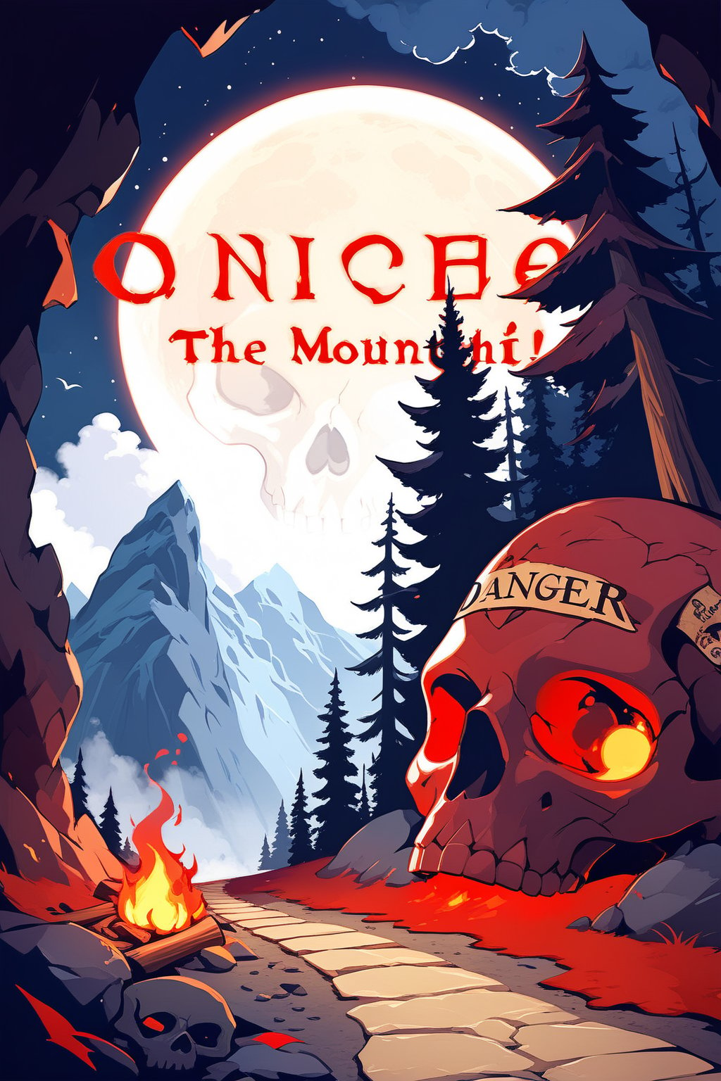 entrance of a cave in the shape of a giant skull, mountain background, on the side a sign with the word "danger" in red with a skull, torches around, night, full moon, midnight, wallpaper, masterpiece