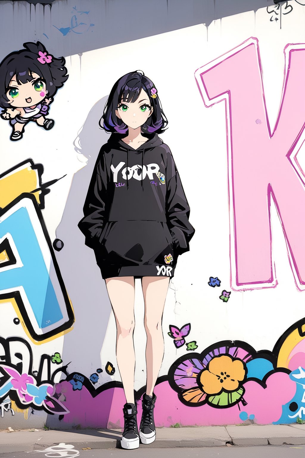 mature woman looking at the viewer, black hair with purple tips, green eyes, graffiti, full body, noon, masterpiece, wallpaper, Sticker, ,yor briar,black hair