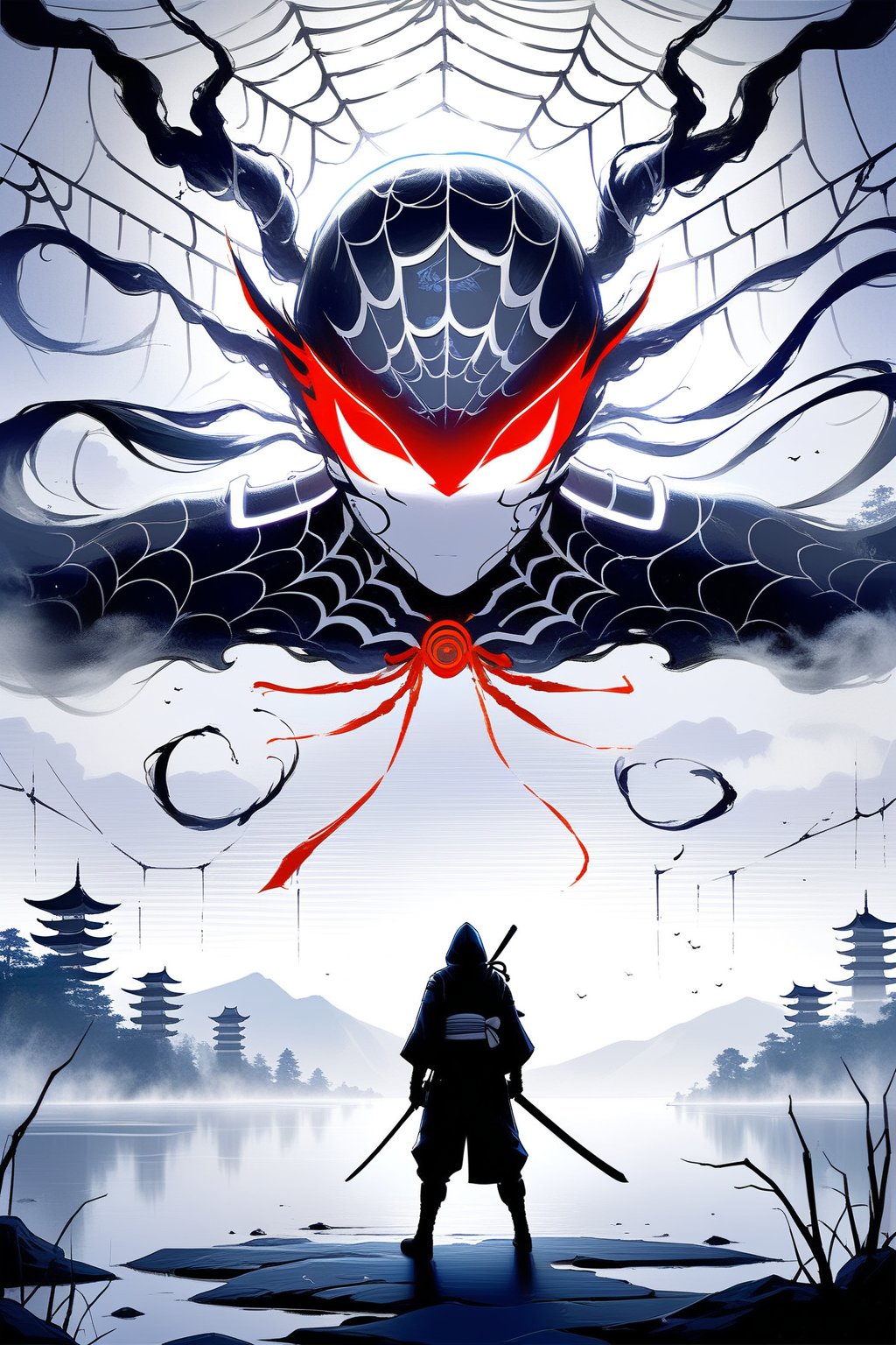 DonMW15pXL, cyborg style, Japanese style, ninja with a weapon in front of the spider god, spider web, fog background, lake, masterpiece, wallpaper,