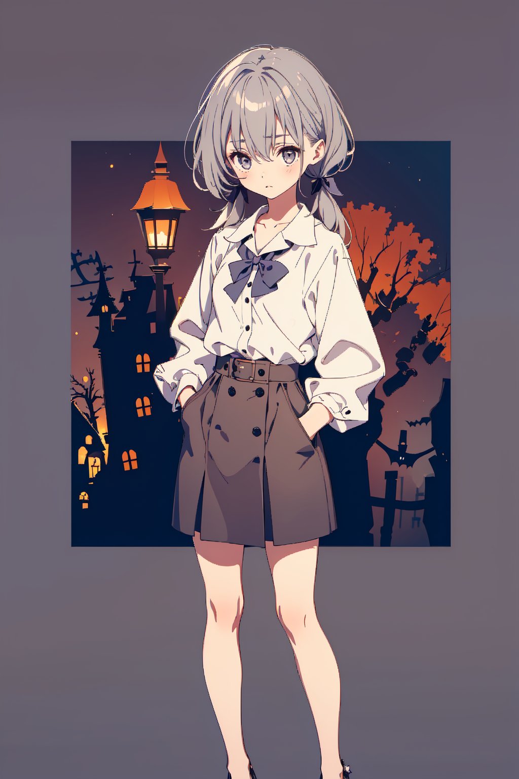 Chibi gir light grey eyes. She wears a shirt dress with a bow at the neck. full body, hands in pockets, halloween, horror background, artwork, wallpapers.two pigtails with a ribbon in the hair behind the nape of the neck