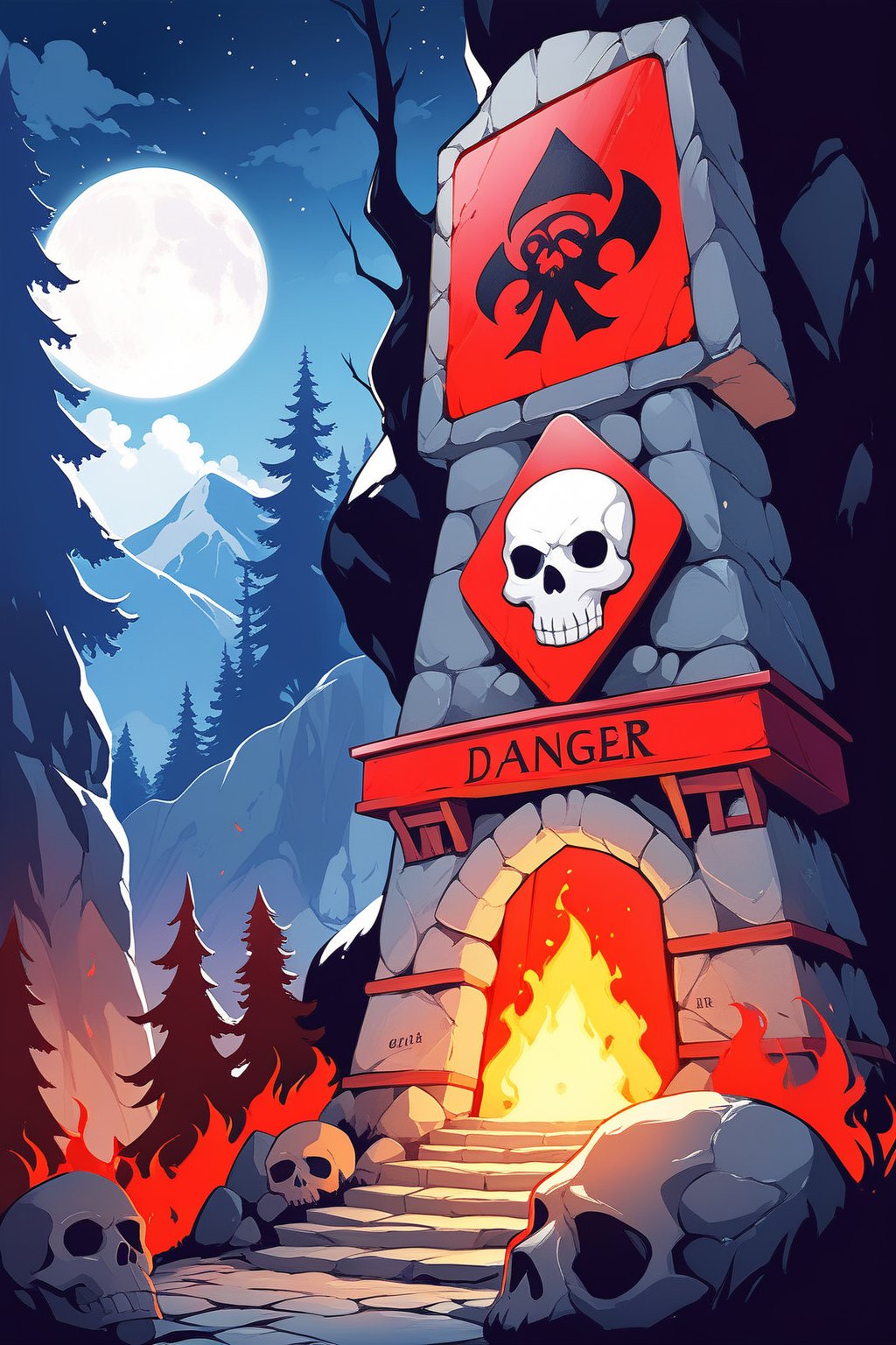 entrance of a cave in the shape of a giant skull, mountain background, on the side a sign with the word "danger" in red with a skull, torches around, night, full moon, midnight, wallpaper, masterpiece