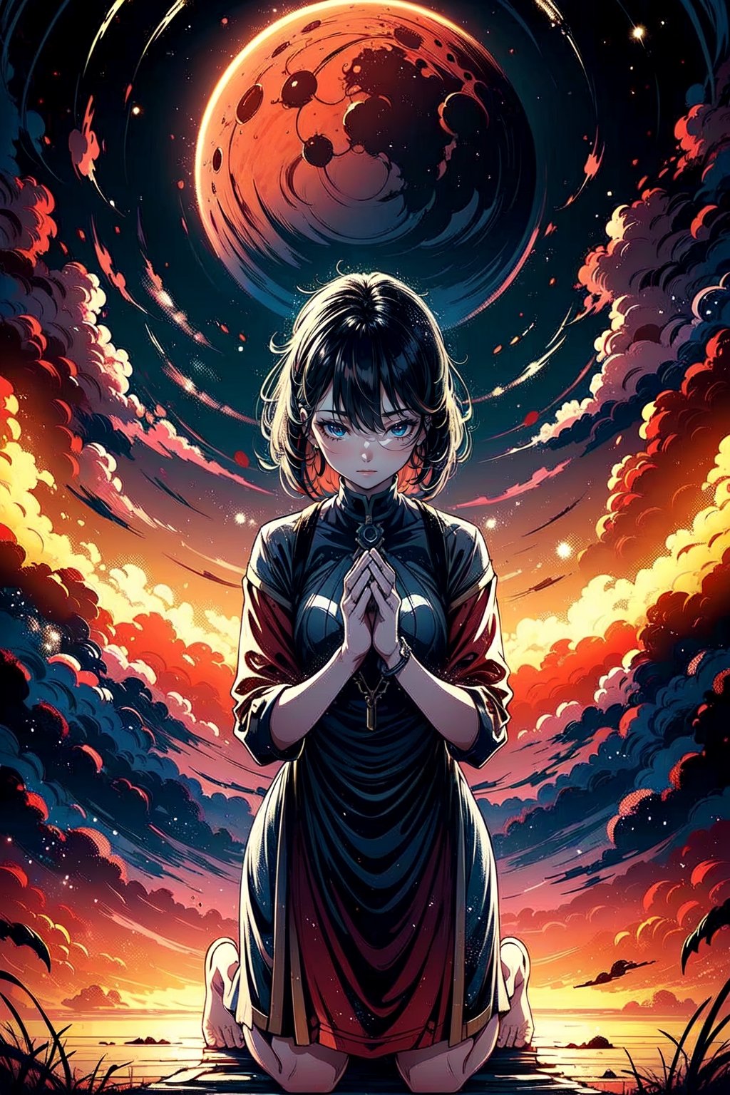 woman praying kneeling, burning background, red moon, wind, darkness, light of hope in a woman who prays for salvation,1girl