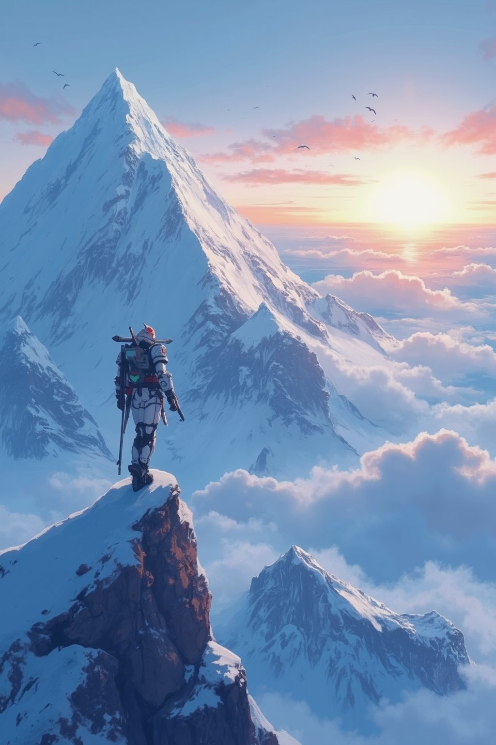 Score_9, Score_8, Score_7, top of an ice mountain, horizon, view of a sea of ​​clouds and icy mountain peaks, bright sun, midday, birds flying in the sky,Mecha, anime style, ultra detailed, masterpiece, wallpaper, 4k,Flat Anime Niji Style