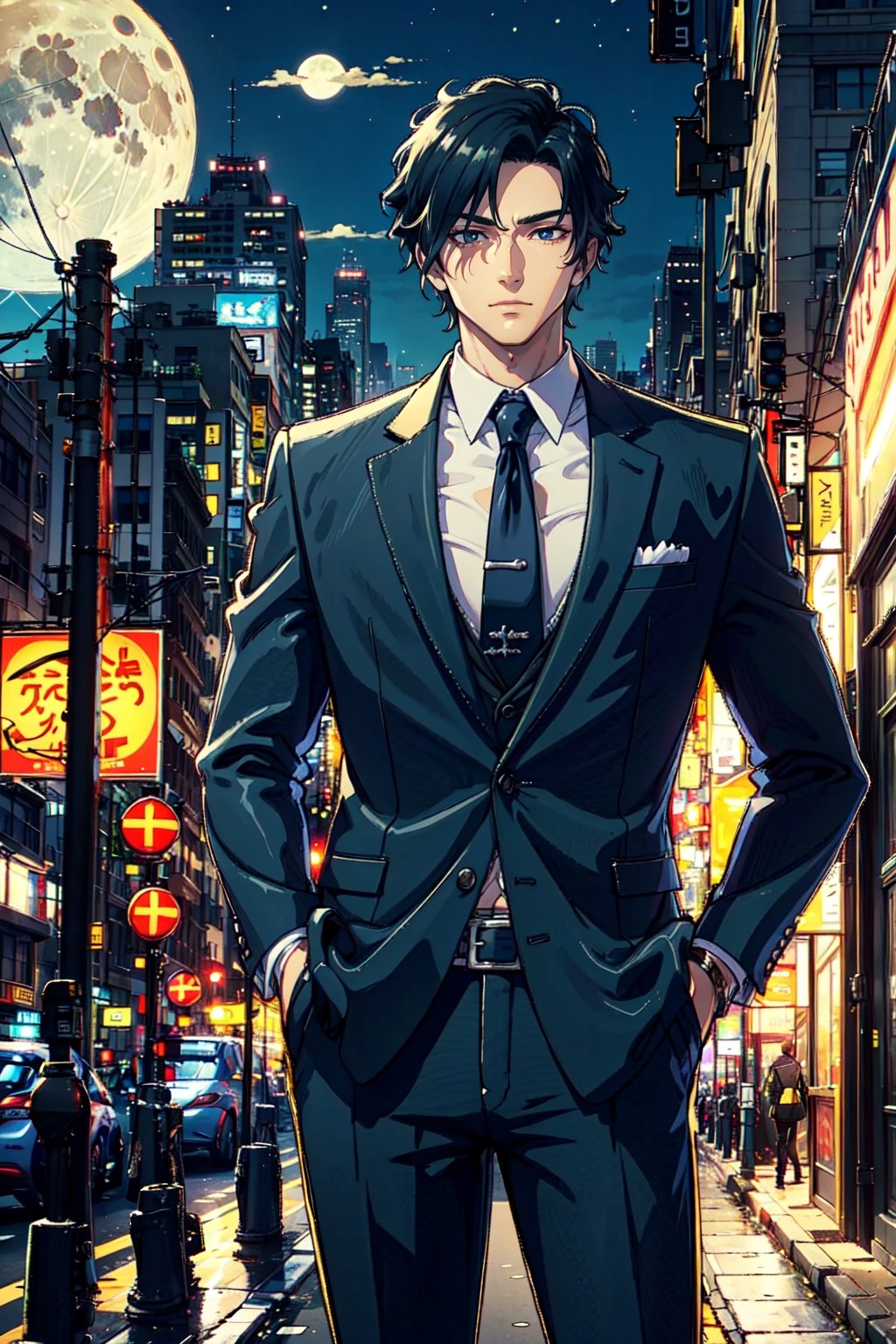 man mature, Hands in the pocket, in the background a city, car, fullmoon, work of art, wallpaper, soft shading, suit without tie, ,Arataki itto,pastelbg