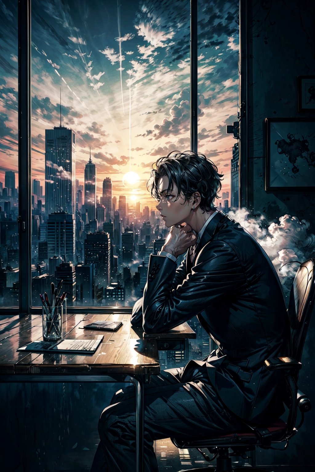 man, manager sitting at a desk, hands on the table, suit, serious, office, skyscraper, window with view of clouds and the sky with sun, artwork, wallpaper