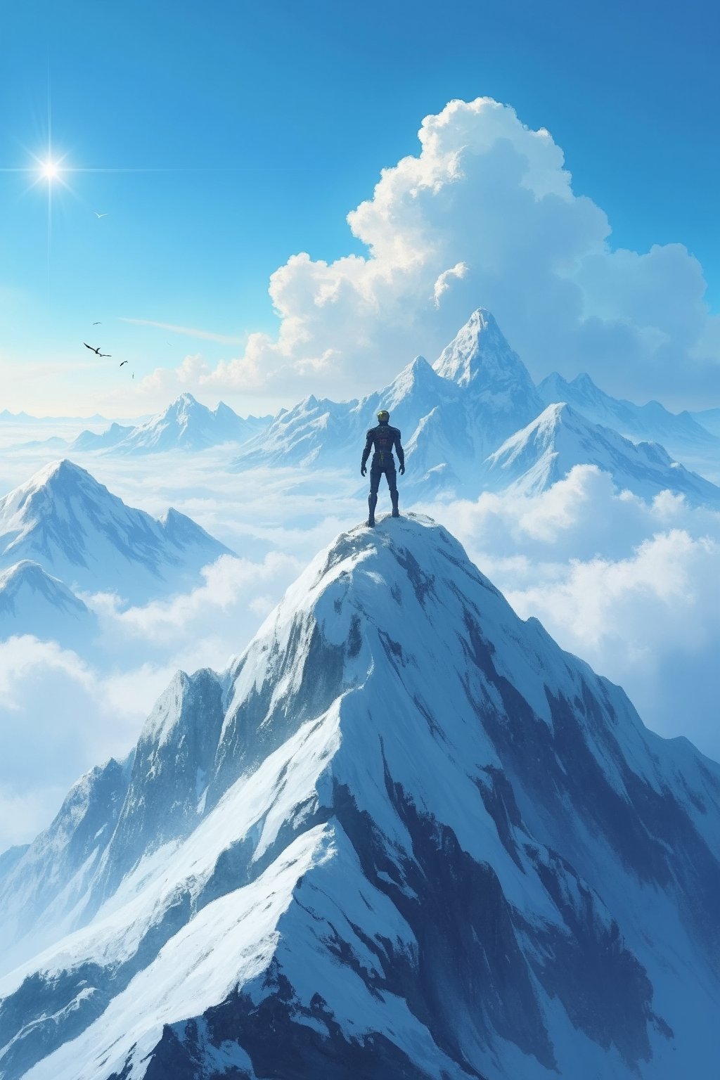 Score_9, Score_8, Score_7, top of an ice mountain, horizon, view of a sea of ​​clouds and icy mountain peaks, bright sun, midday, birds flying in the sky,Mecha, anime style, ultra detailed, masterpiece, wallpaper, 4k,Flat Anime Niji Style