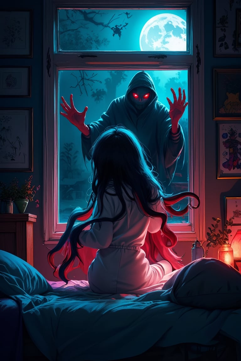 strange and dangerous figure, long hands and red eyes, window, midnight, in a girl's room, neon lights, view under the bed, masterpiece, wallpaper