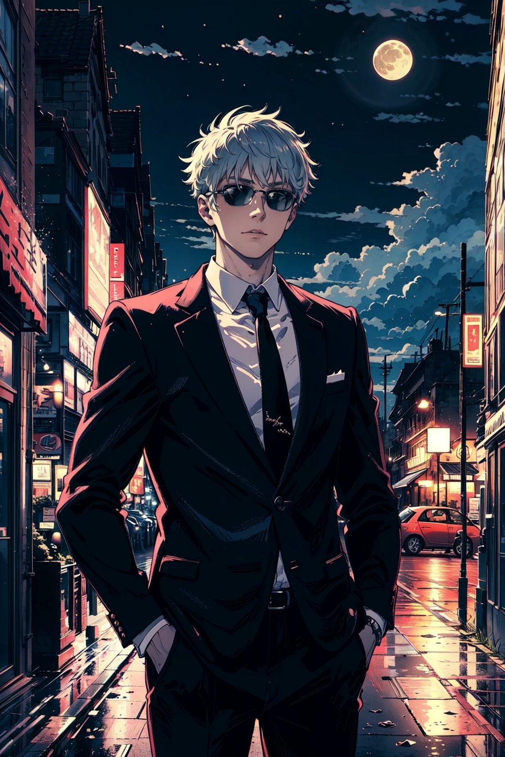man mature, Hands in the pocket, in the background a city, car, fullmoon, work of art, wallpaper, soft shading, suit without tie, pastelbg, 