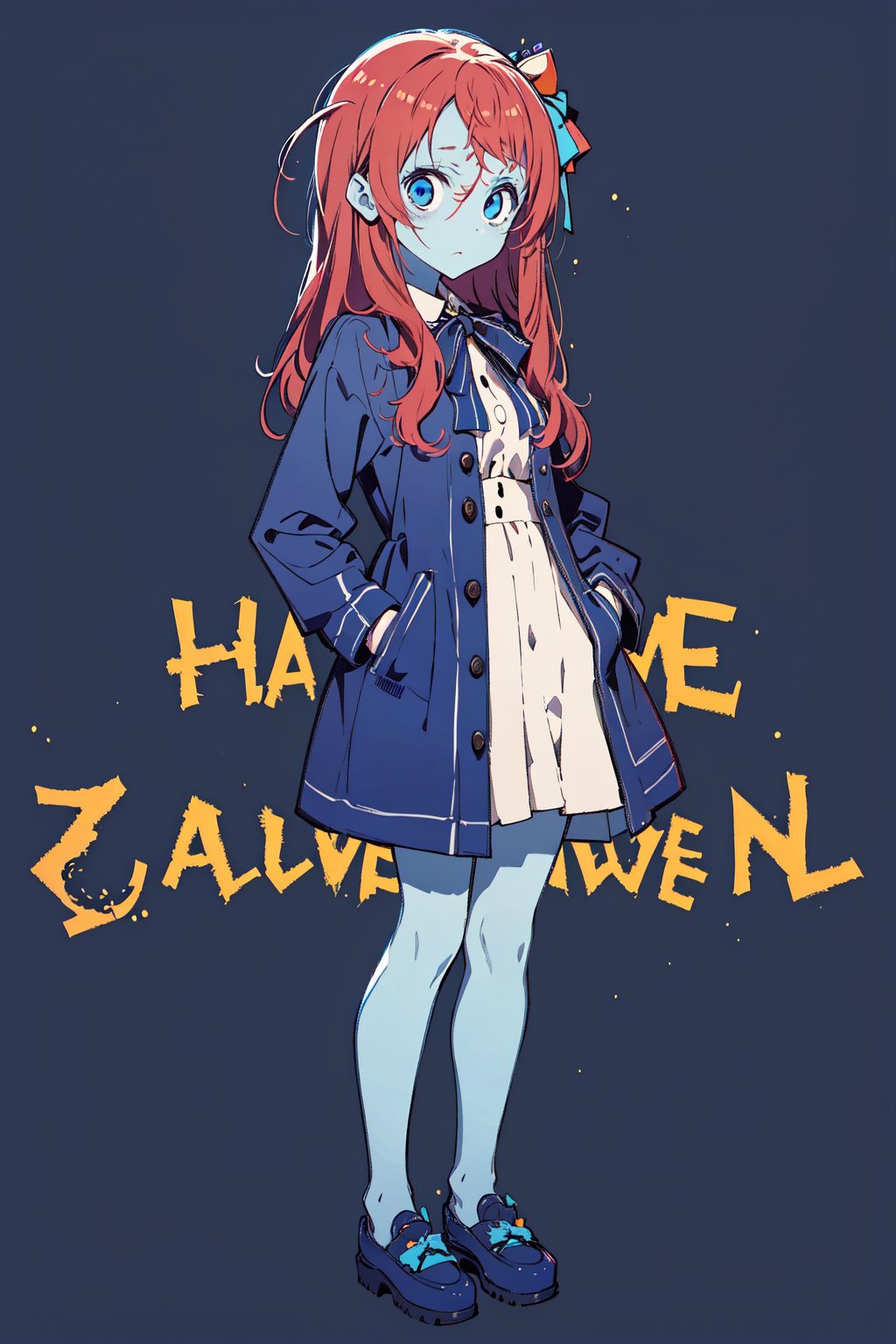 Chibi zombie girl with long cherry red hair with a bow on the side, light blue eyes. She wears a blue and white shirt dress with a bow at the neck. full body, hands in pockets, halloween, horror background, artwork, wallpapers.