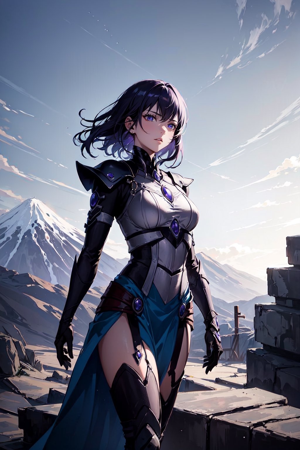 mature woman with purple hair and purple eyes, armor, volcano background, rocks, wallpaper, masterpiece