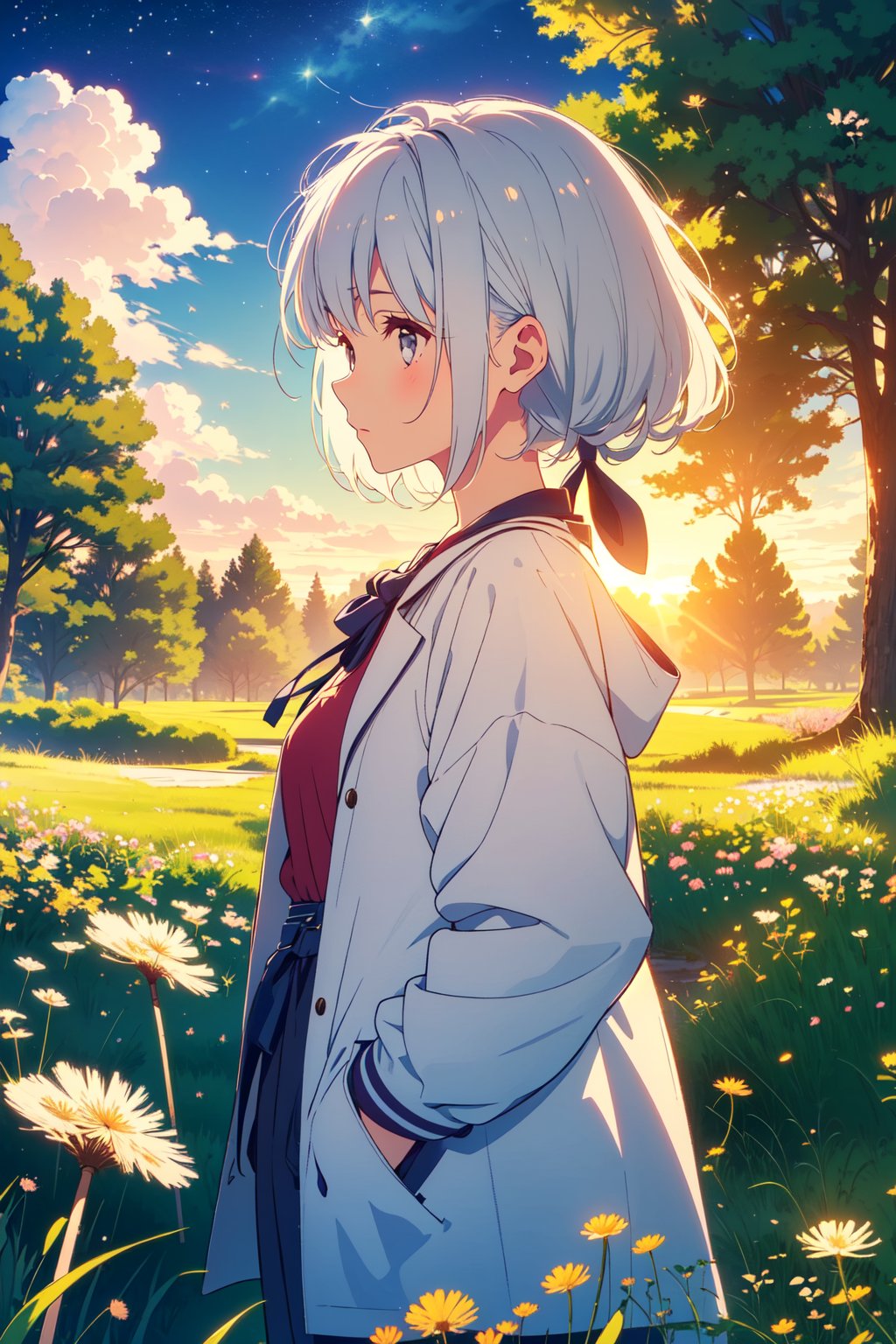 woman on the windy meadow, blowing a dandelion, sunset, flowers, trees, white hair, artwork, wallpapers. short hair with stars, hands in the pockets, light grey eyes, artwork, wallpapers.two pigtails with a ribbon in the hair behind the nape of the neck