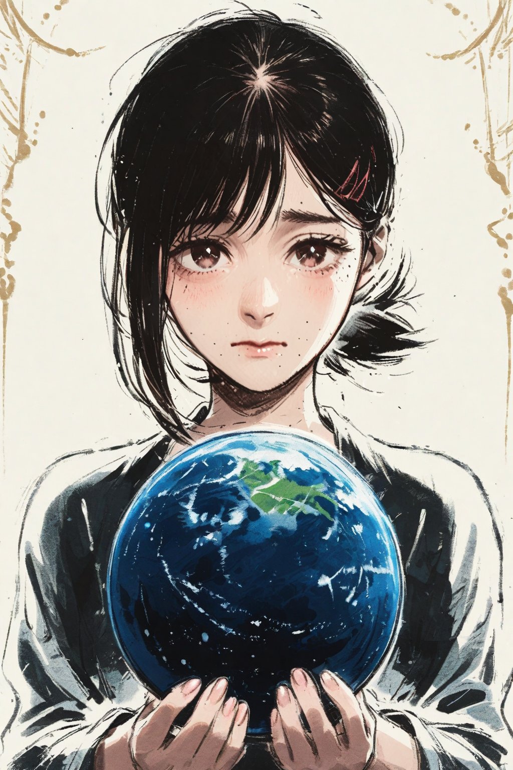 girl holding the universe in her hands, short black hair, brown eyes, 