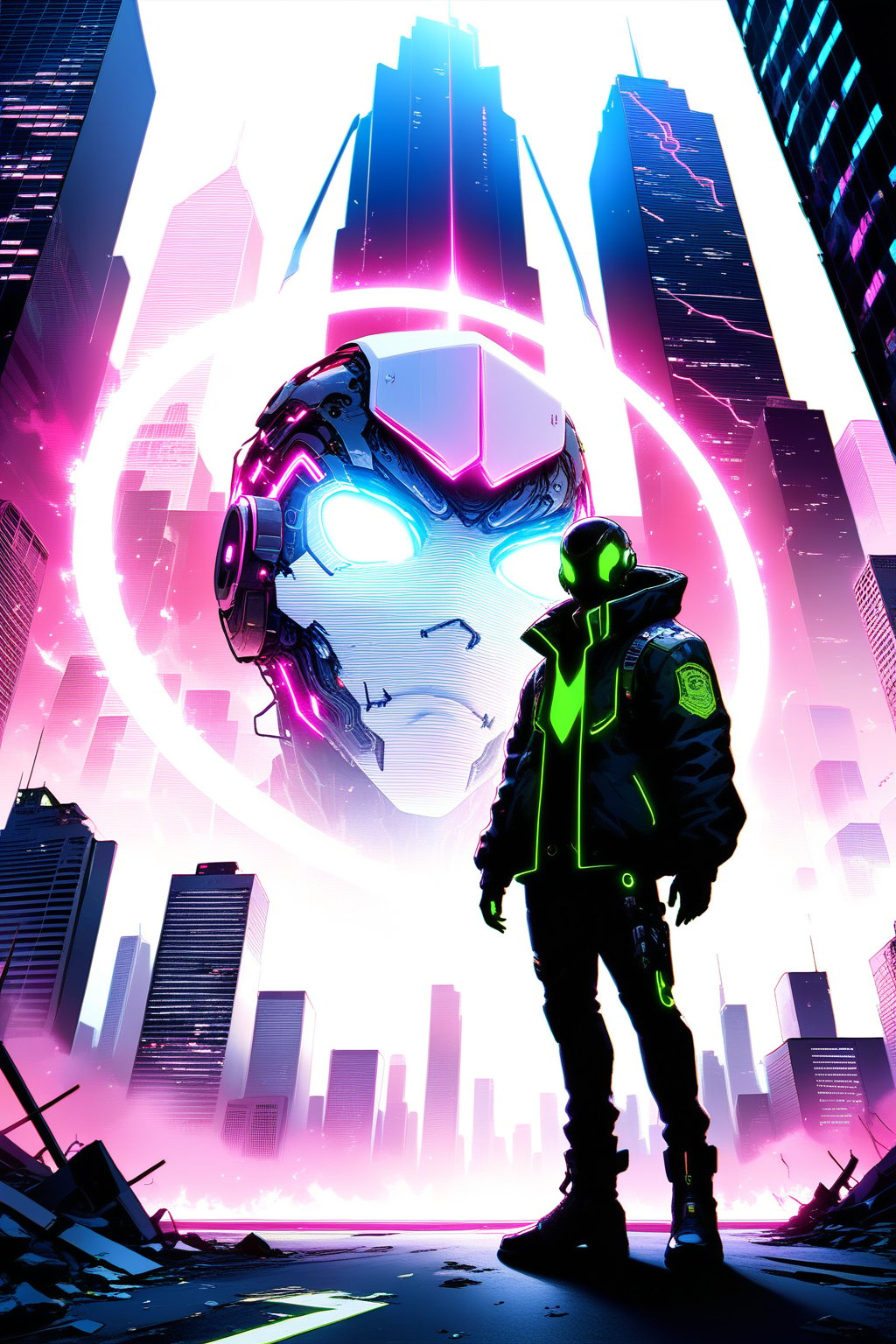 DonMW15pXL, cyborg style, soldier in front of a neon monster, city, buildings, skyscrapers, cyberpunk, neon lights, destroyed streets, danger, masterpiece, wallpaper