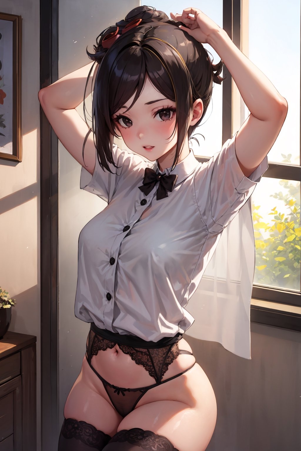 adult woman, arms raised, shirt, white thong, lace stockings, next to a window, sunlight, black eyes, black hair,chiori