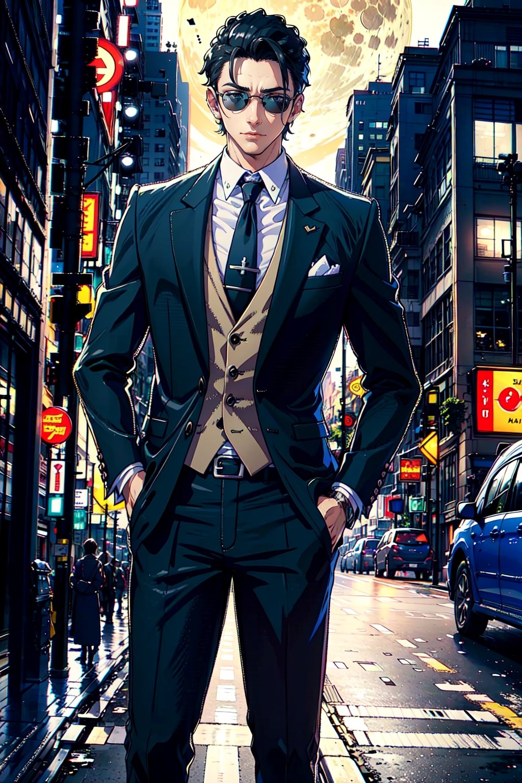 man mature, Hands in the pocket, in the background a city, car, fullmoon, work of art, wallpaper, soft shading, suit without tie, ,Arataki itto,pastelbg