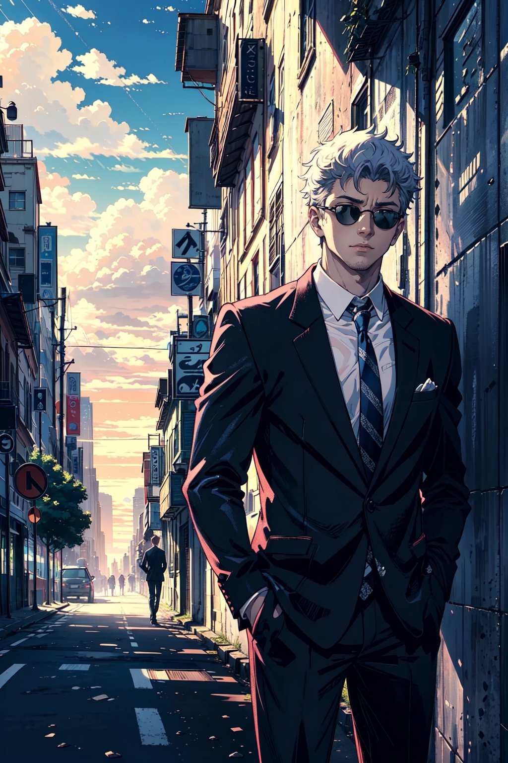 man mature, Hands in the pocket, in the background a city, car,SUN, work of art, wallpaper, soft shading, suit without tie, pastelbg, sunglasses