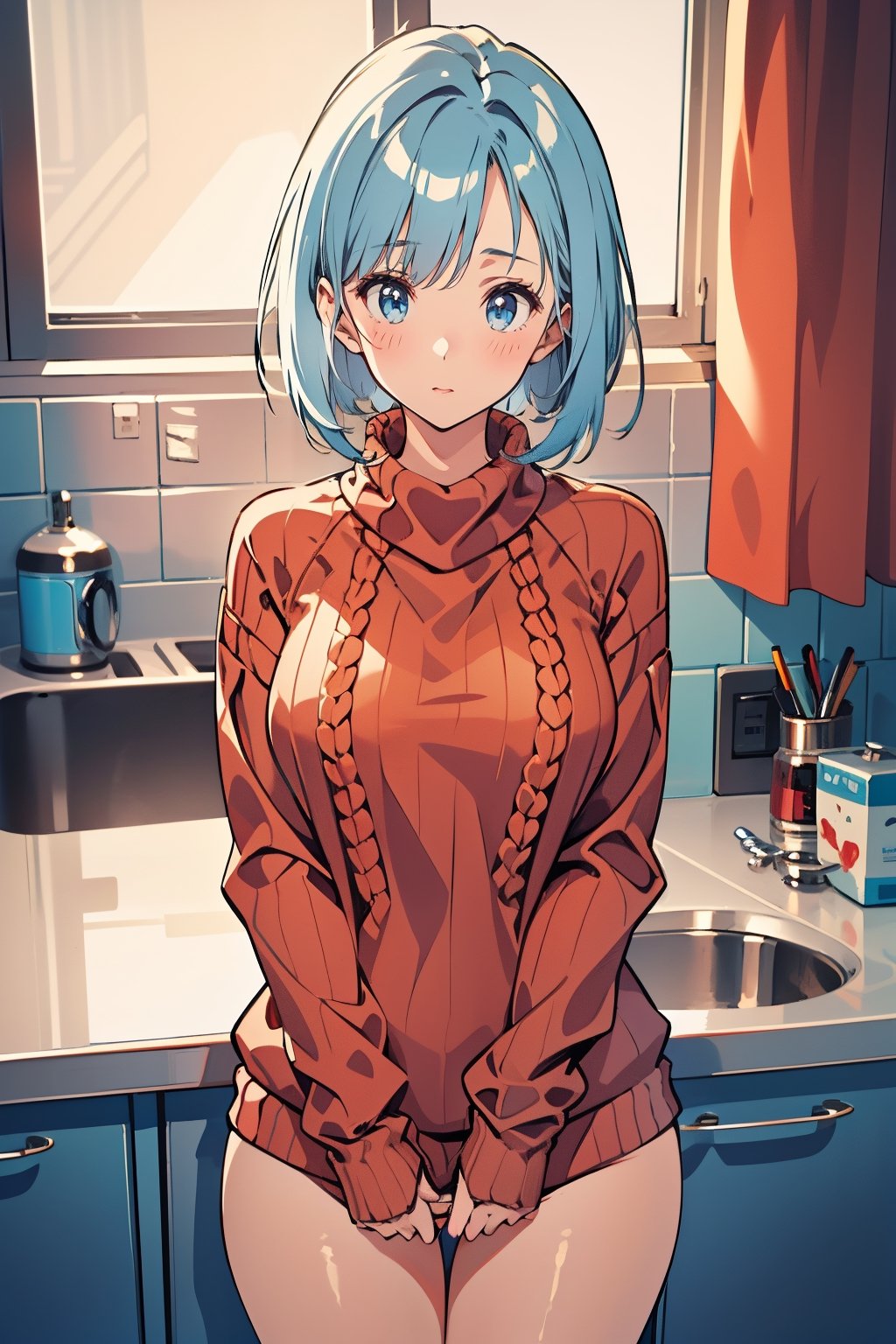 mature woman, masterpiece, best quality, highly detailed,virgin destroyer sweater, light blue eyes, light blue hair, blmlong