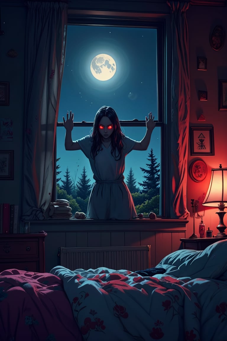 strange and dangerous figure, long hands and red eyes, window, midnight, in a girl's room, neon lights, view under the bed, masterpiece, wallpaper