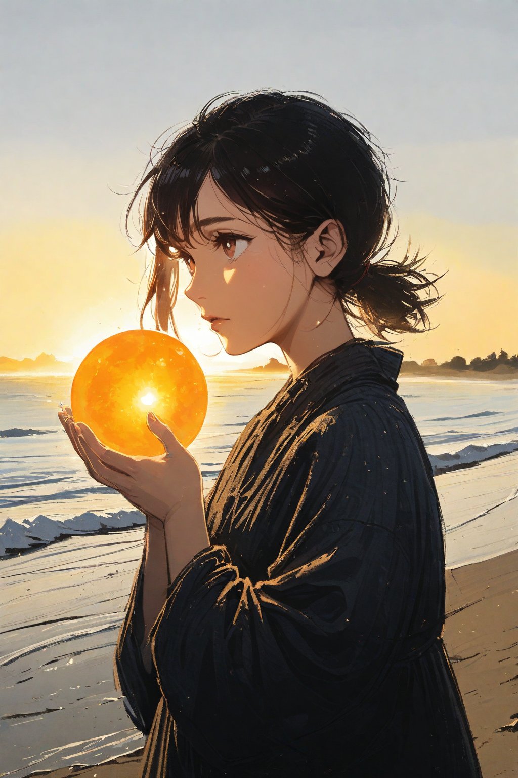 girl holding the sun in her hands, short black hair, brown eyes, 