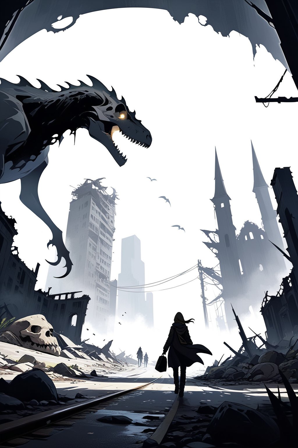 post-apocalyptic city, destroyed city, entrance to a city full of monster and dinosaur skulls, travelers arriving on horseback, masterpiece, wallpaper, midday sun, gloomy atmosphere