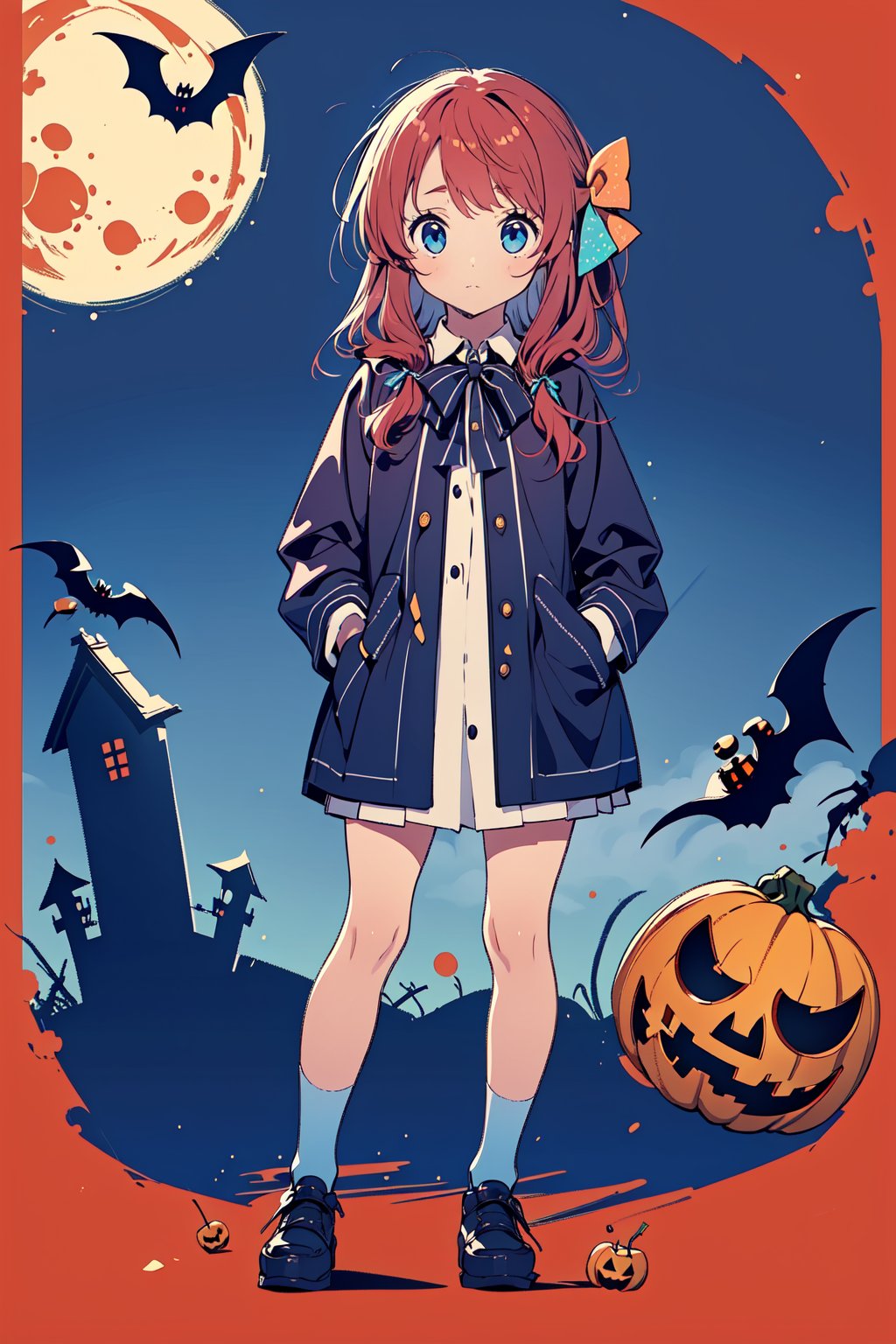 Chibi girl with long cherry red hair with a bow on the side, light blue eyes. She wears a blue and white shirt dress with a bow at the neck. full body, hands in pockets, halloween, horror background, artwork, wallpapers.