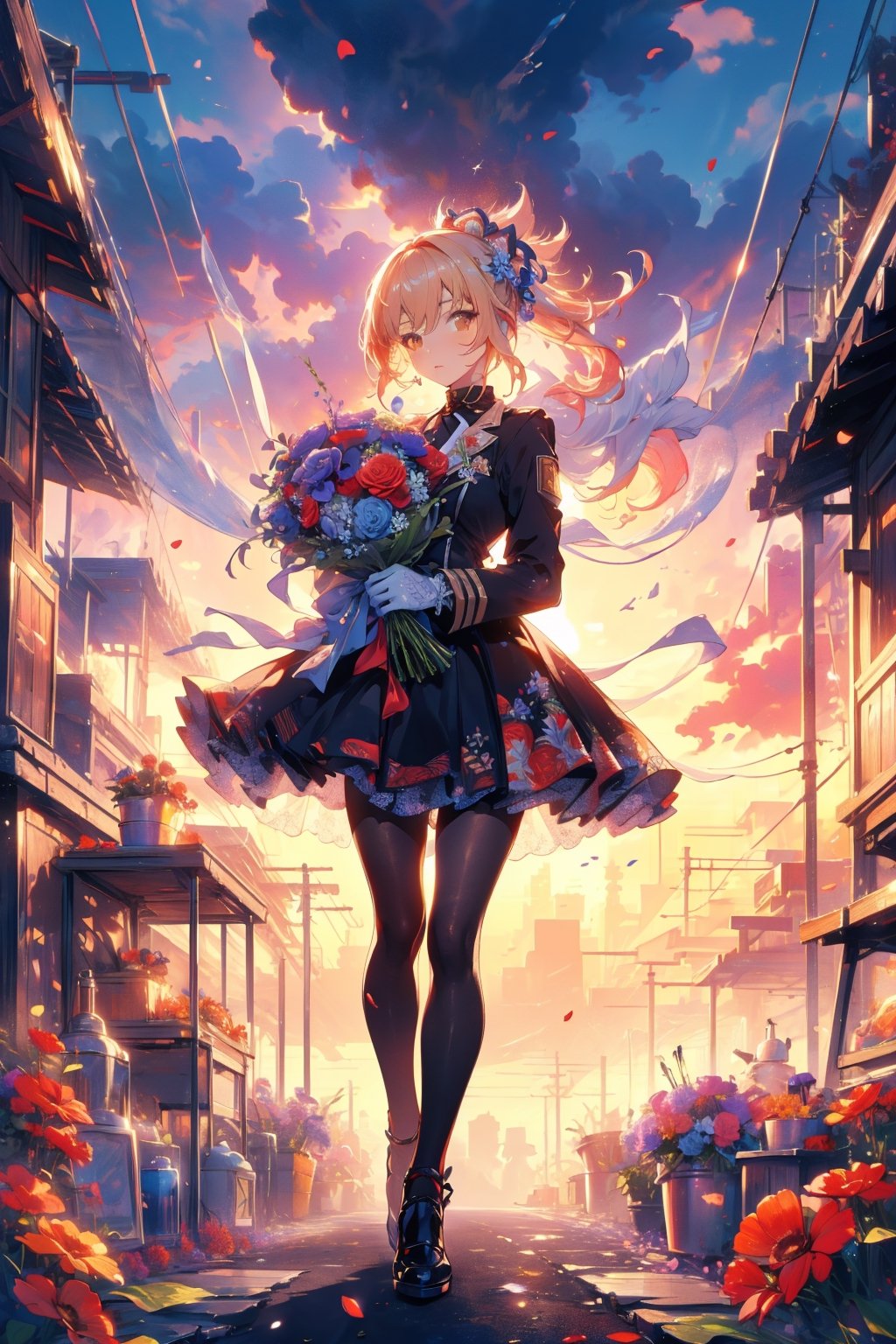   normal body, adult woman, dressed with flowers, holding a bouquet, sunset, look, Masterpiece, beautiful details, perfect focus, uniform 8K wallpaper, high resolution, exquisite texture in every detail, ,yoimiya