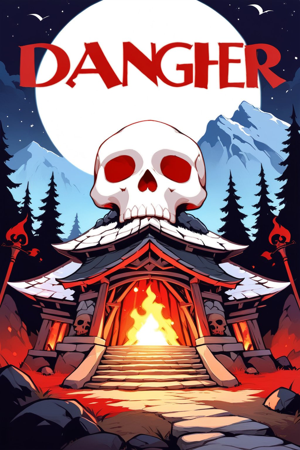 entrance of a cave in the shape of a giant skull, mountain background, on the side a sign with the word "danger" in red with a skull, torches around, night, full moon, midnight, wallpaper, masterpiece