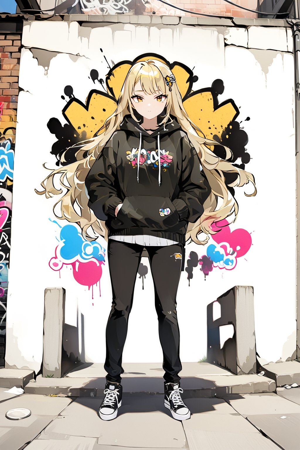 mature woman looking at the viewer, blonde hair, gold eyes, graffiti,long hair, full body, noon, masterpiece, wallpaper, Sticker, ,h1m1k0t0g4