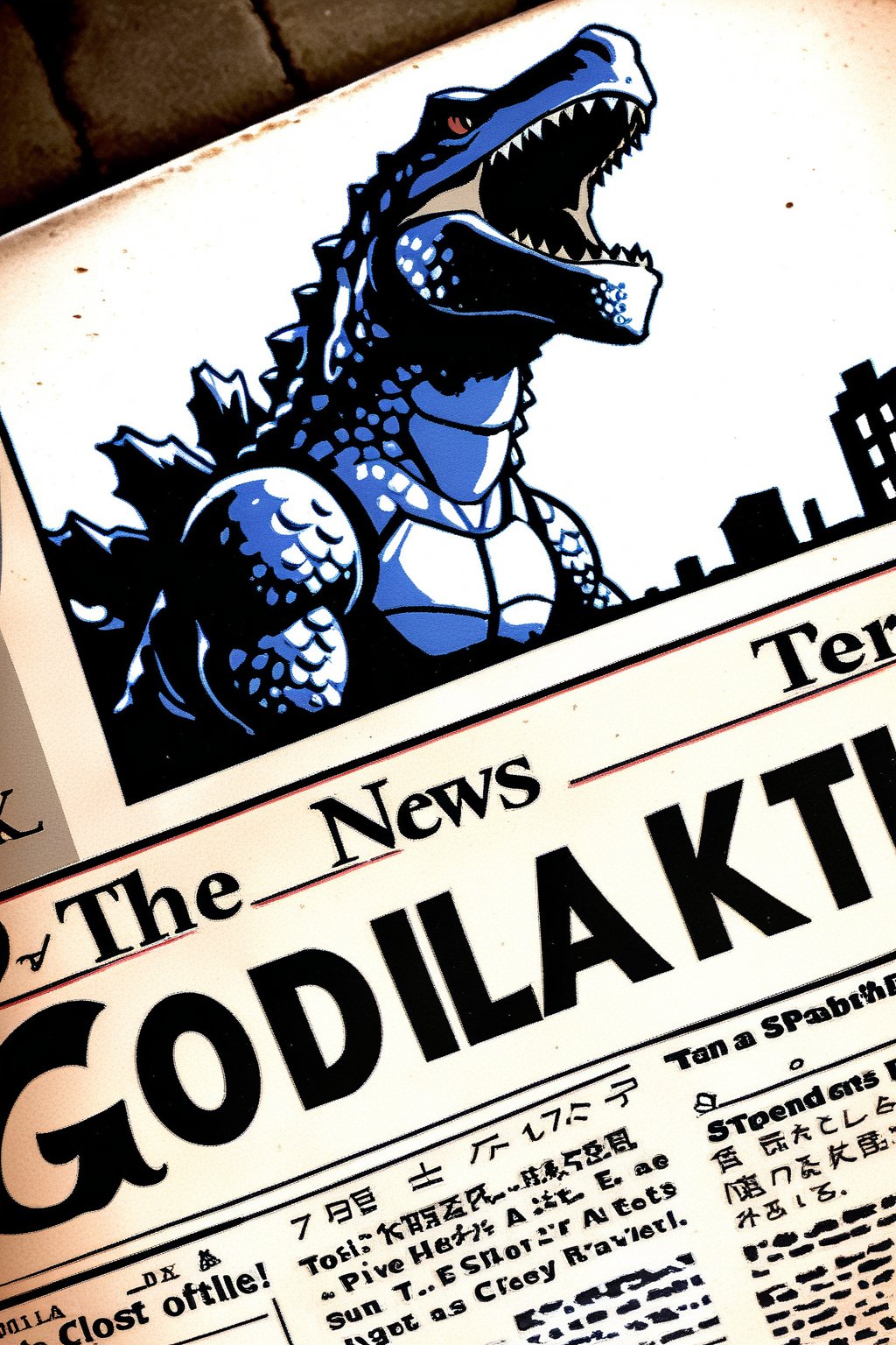 old newspaper clipping, letters in English,The title of the newspaper, close-up news of a photo of GODZILLA [PONYXL] - Zilla attacked the city, 