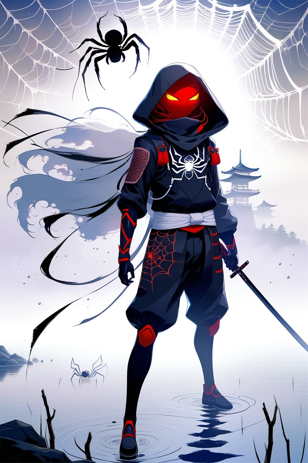 DonMW15pXL, cyborg style, Japanese style, ninja with a weapon in front of the spider god, spider web, fog background, lake, masterpiece, wallpaper,