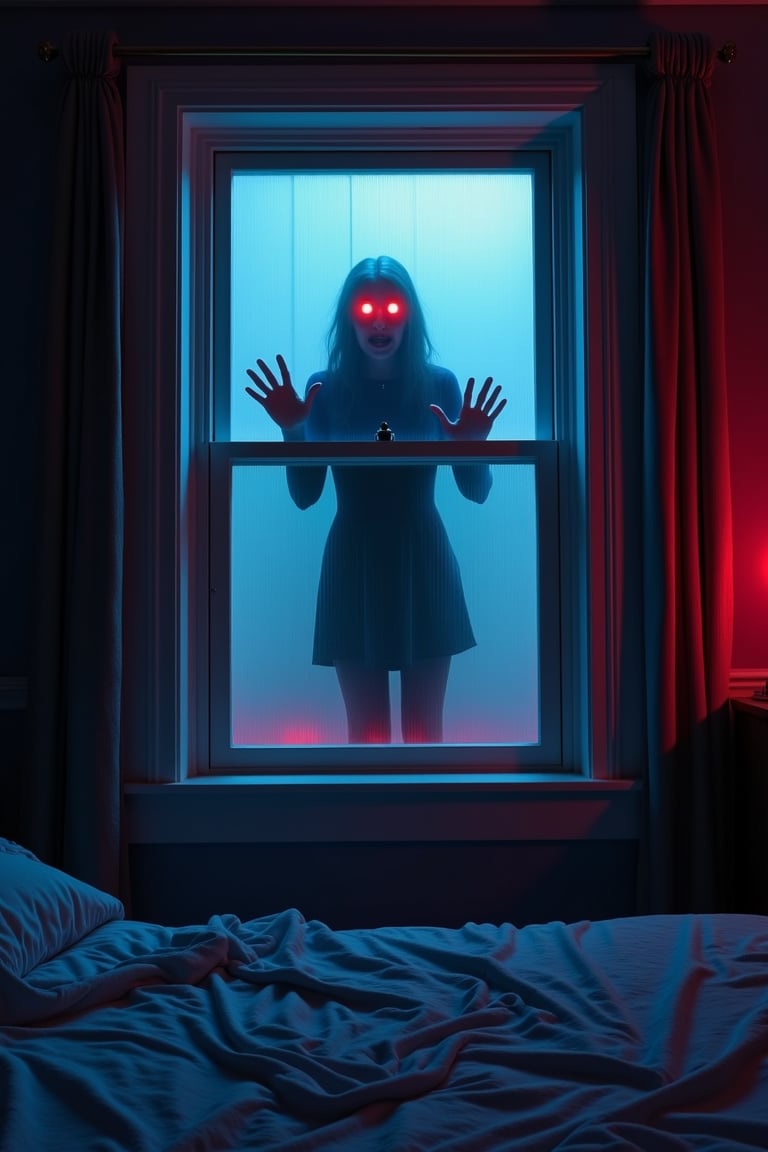 strange and dangerous figure, long hands and red eyes, window, midnight, in a girl's room, neon lights, view under the bed, masterpiece, wallpaper