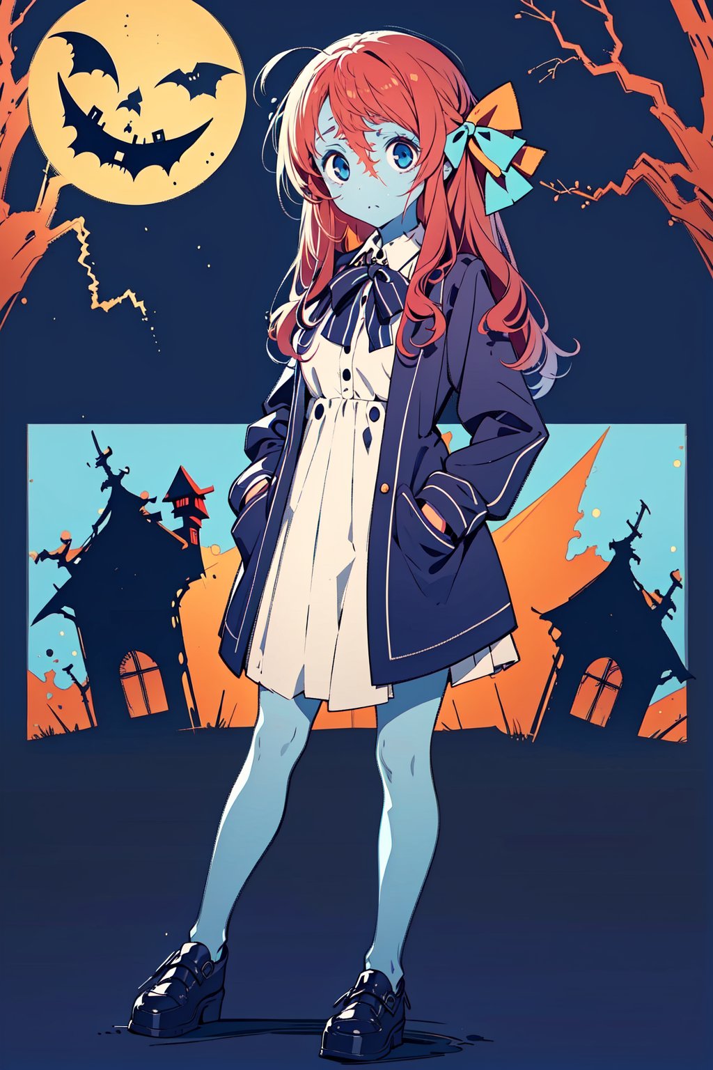 Chibi zombie girl with long cherry red hair with a bow on the side, light blue eyes. She wears a blue and white shirt dress with a bow at the neck. full body, hands in pockets, halloween, horror background, artwork, wallpapers.