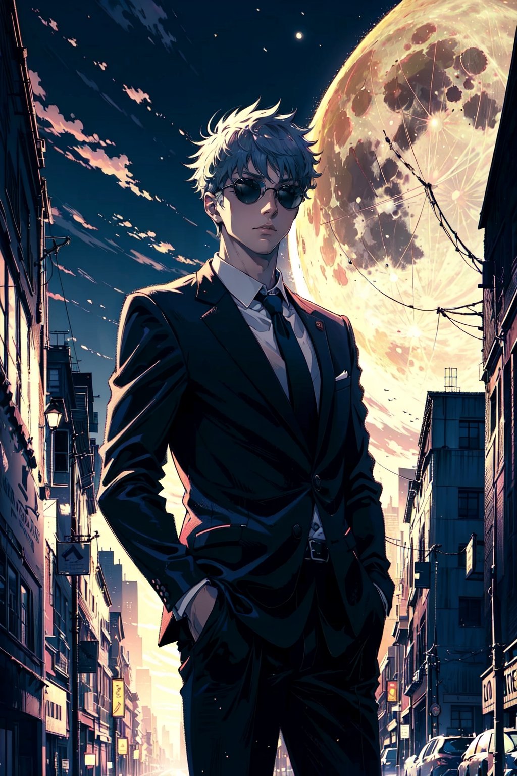 man mature, Hands in the pocket, in the background a city, car, fullmoon, work of art, wallpaper, soft shading, suit without tie, pastelbg, 
