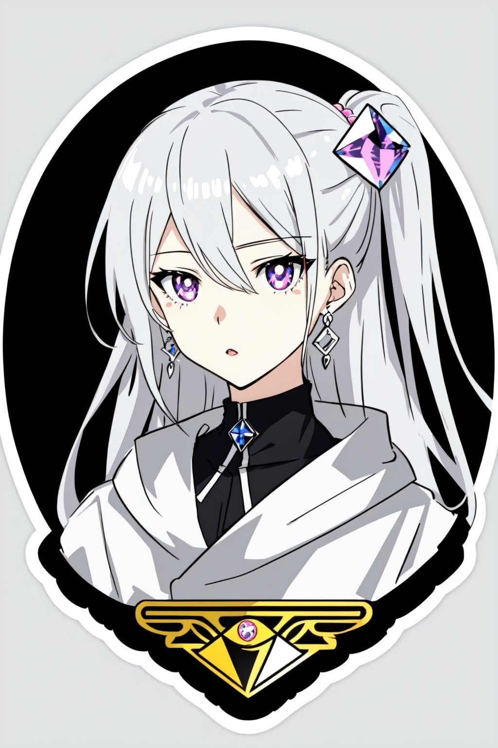  anime style,,sticker,,stickers, Stickers, ,diamond accessories, light gray hair, silver eyes, white borders around the face,1girl navia, Aponia 