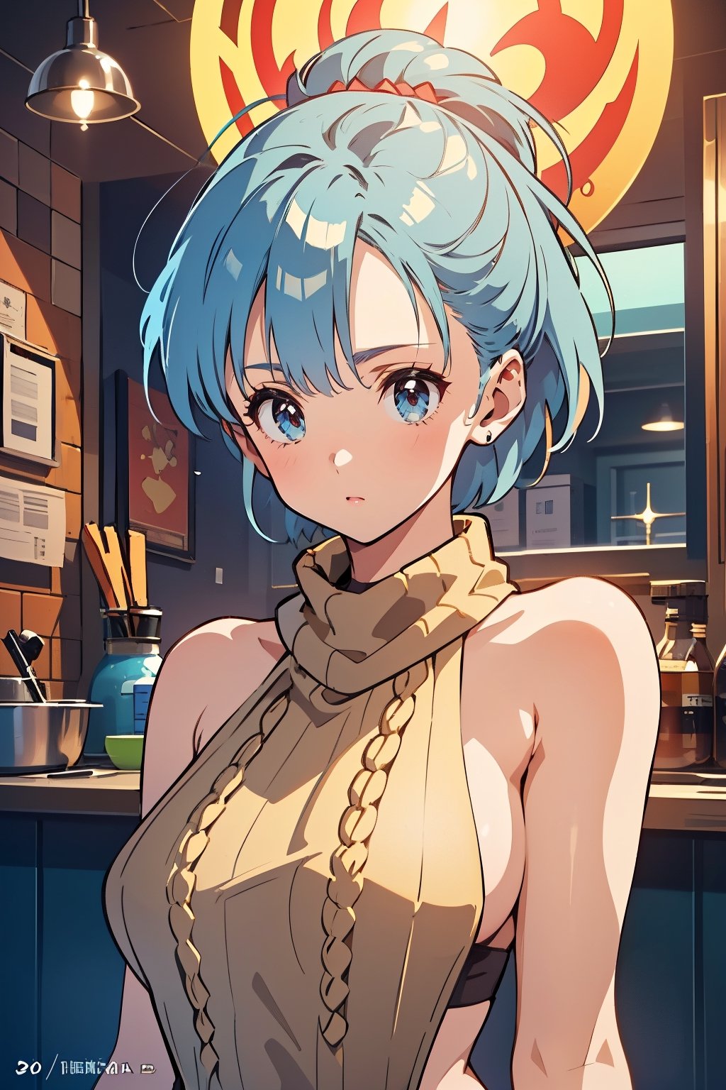 mature woman, masterpiece, best quality, highly detailed,virgin destroyer sweater, light blue eyes, light blue hair, blmlong,dragon ball