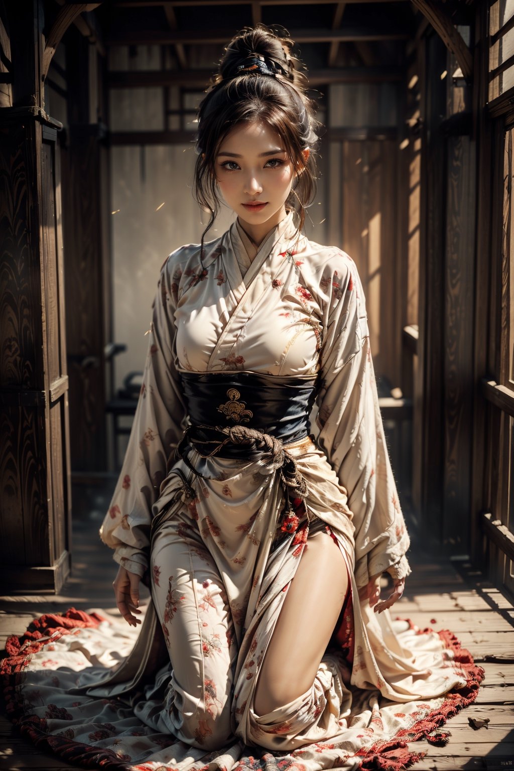 1girl, Sweet face, charming eyes{beautiful and detailed eyes}, eye smile((friendly and charming)), sexy lips, delicate facial features, seiza((model pose, sitting and kneeling on the floor)), busty body type, long hair(dark hair:1.2),  long ponytail, curly hair, beautiful hanfu(red, transparent), japan temple (inside room), fine traditional table{calligraphy painting on table}, teapot on table, flim grain, looking to audience, masterpiece, Best Quality, natural and soft light photorealistic, ultra-detailed, finely detailed, high resolution, sharp-focus, glowing forehead, perfect shading, highres, photorealistic,perfect,midjourney,hand,horror