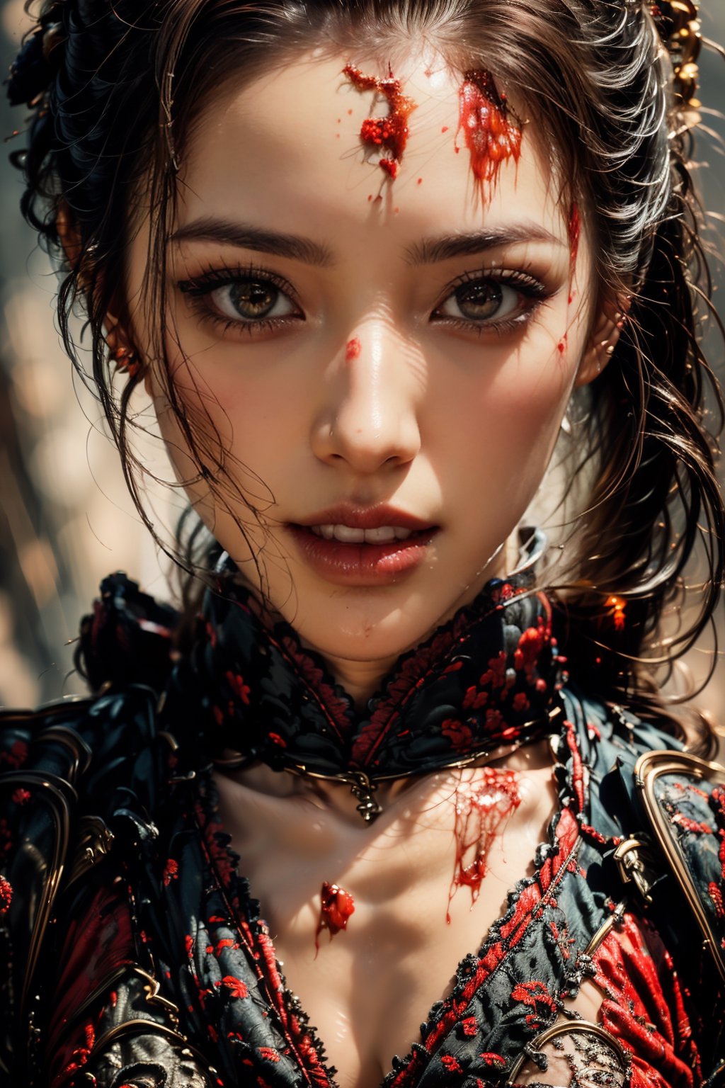 1girl, female monster, Sweet face, charming eyes{beautiful and detailed eyes}, evil smile, sexy lips, very long tongue, delicate facial features, bloody face, sharp teeth, holding a dagger ((model pose)), busty body type, huge breasts, long hair(dark hair:1.2),  long ponytail, curly hair, beautiful hanfu(white, transparent), japan temple (inside room, near window), sunset, flim grain, looking to audience, full body, masterpiece, Best Quality, natural and soft light photorealistic, ultra-detailed, finely detailed, high resolution, sharp-focus, glowing forehead, perfect shading, highres, photorealistic,perfect,horror