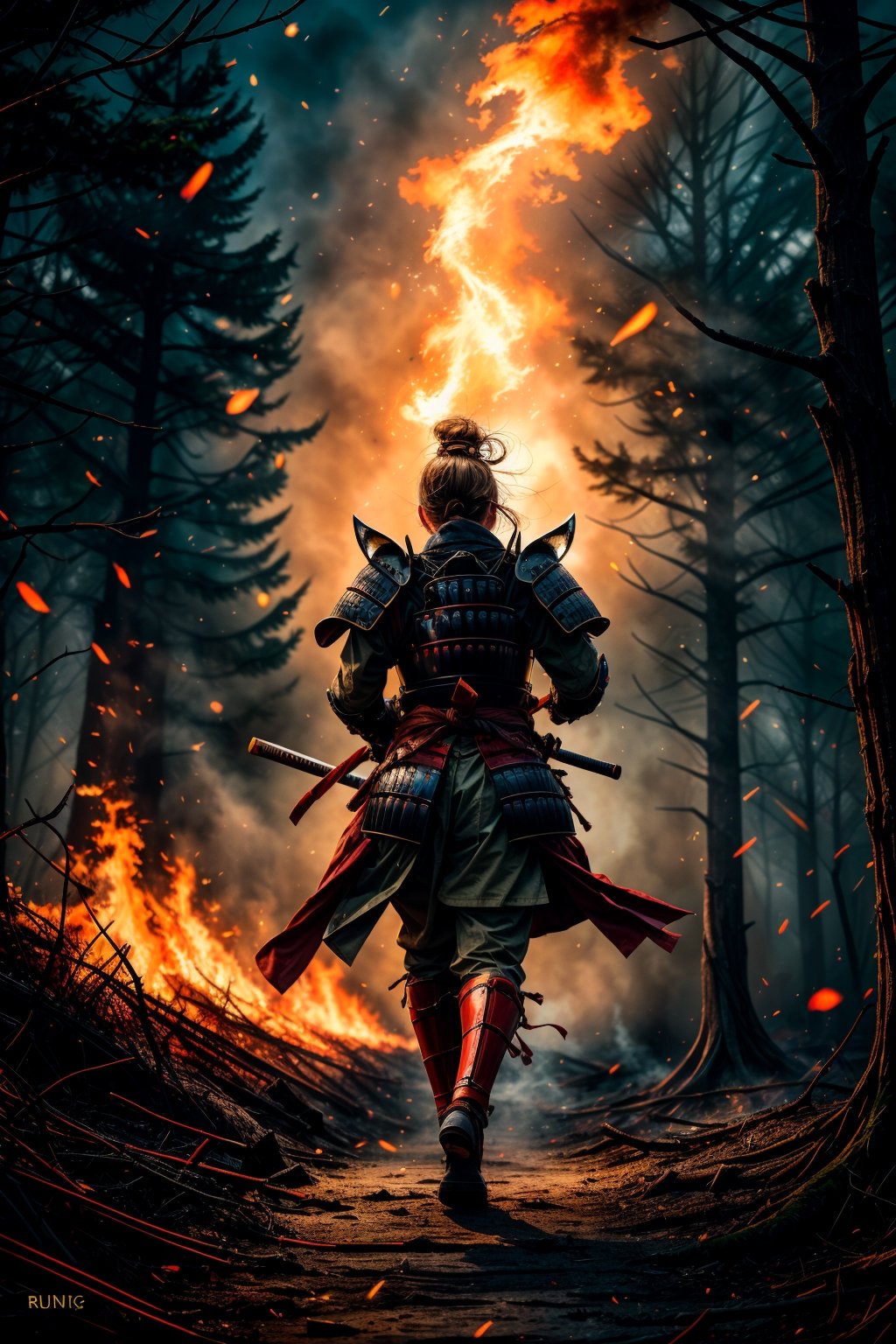 female samurai, charming eyes, long hair, angry, roaring, samurai armor, samurai sword {rising samurai sword}, running fast{runnung to audience}}, extremely bloody, forest on fire, flames, bright lights, sharp focus, perfect shading, masterpiece, best quality, extremely detailed, highres, photorealistic, full body