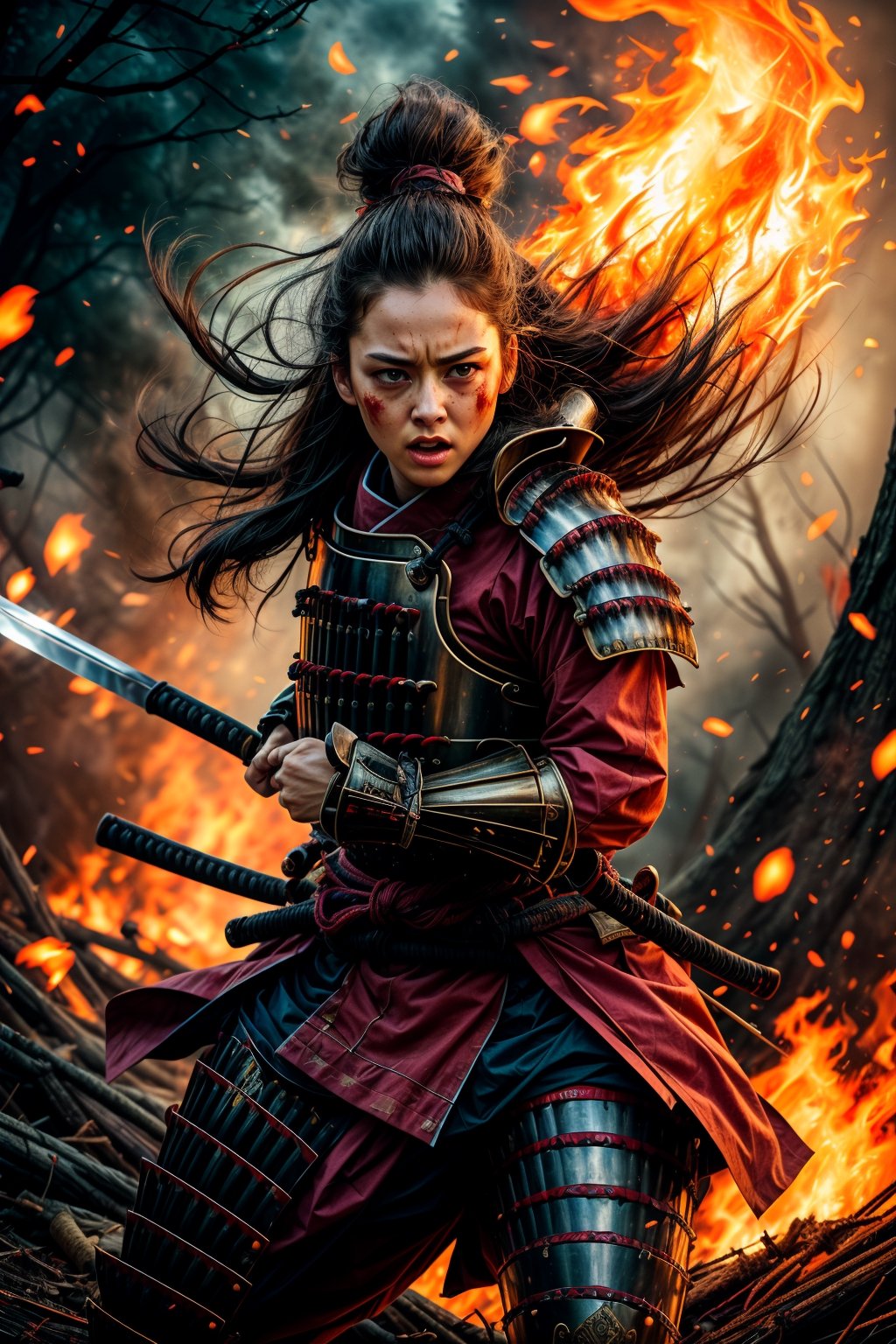 female samurai, charming eyes, long hair, angry, roaring, samurai armor, samurai sword {rising samurai sword}, running fast{runnung to audience}}, extremely bloody, forest on fire, flames, bright lights, sharp focus, perfect shading, masterpiece, best quality, extremely detailed, highres, photorealistic, full body